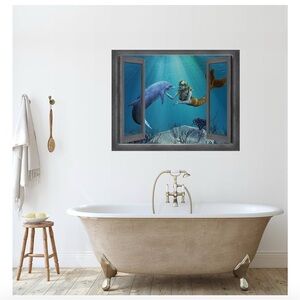 NEW Open Window Wall Decor Mermaid Dolphin Wall Mural Removable Sticker 24x32”